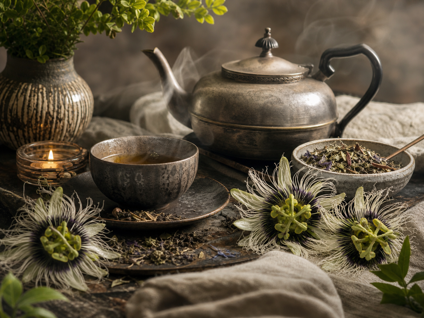 Herbal tea and botanical ingredients used in a daily ritual