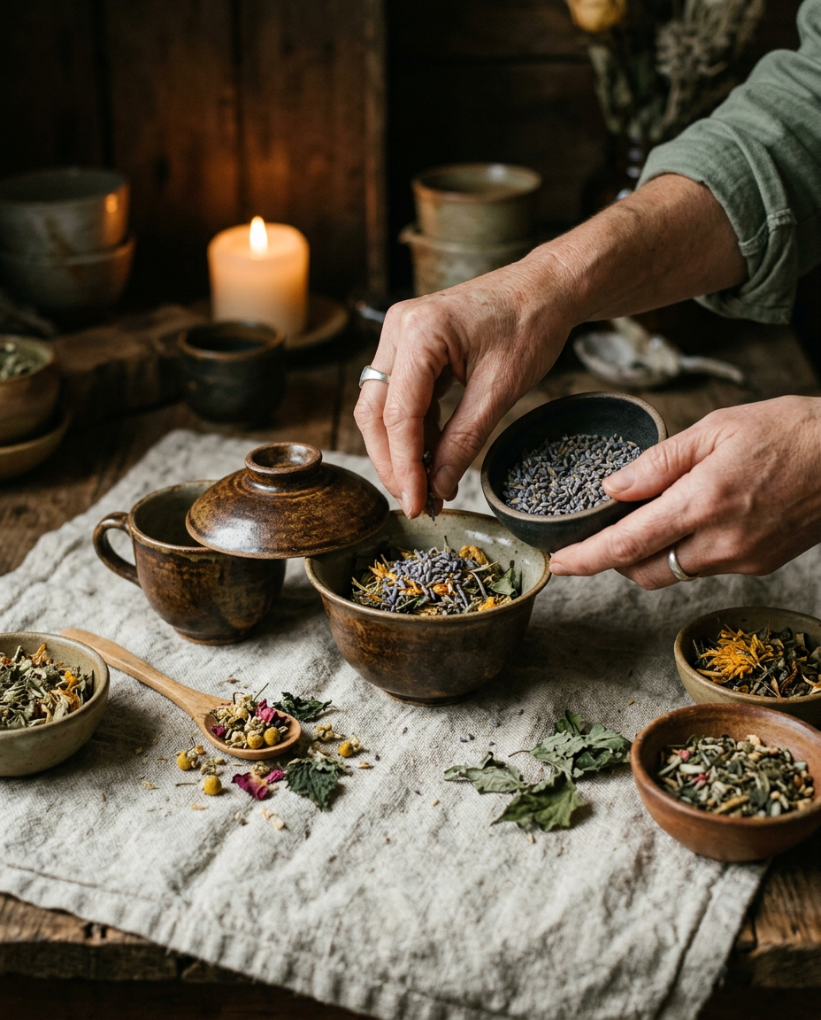 Botanical Allies Homepage Images Hands preparing a botanical ritual with dried herbs in a ceramic bowl