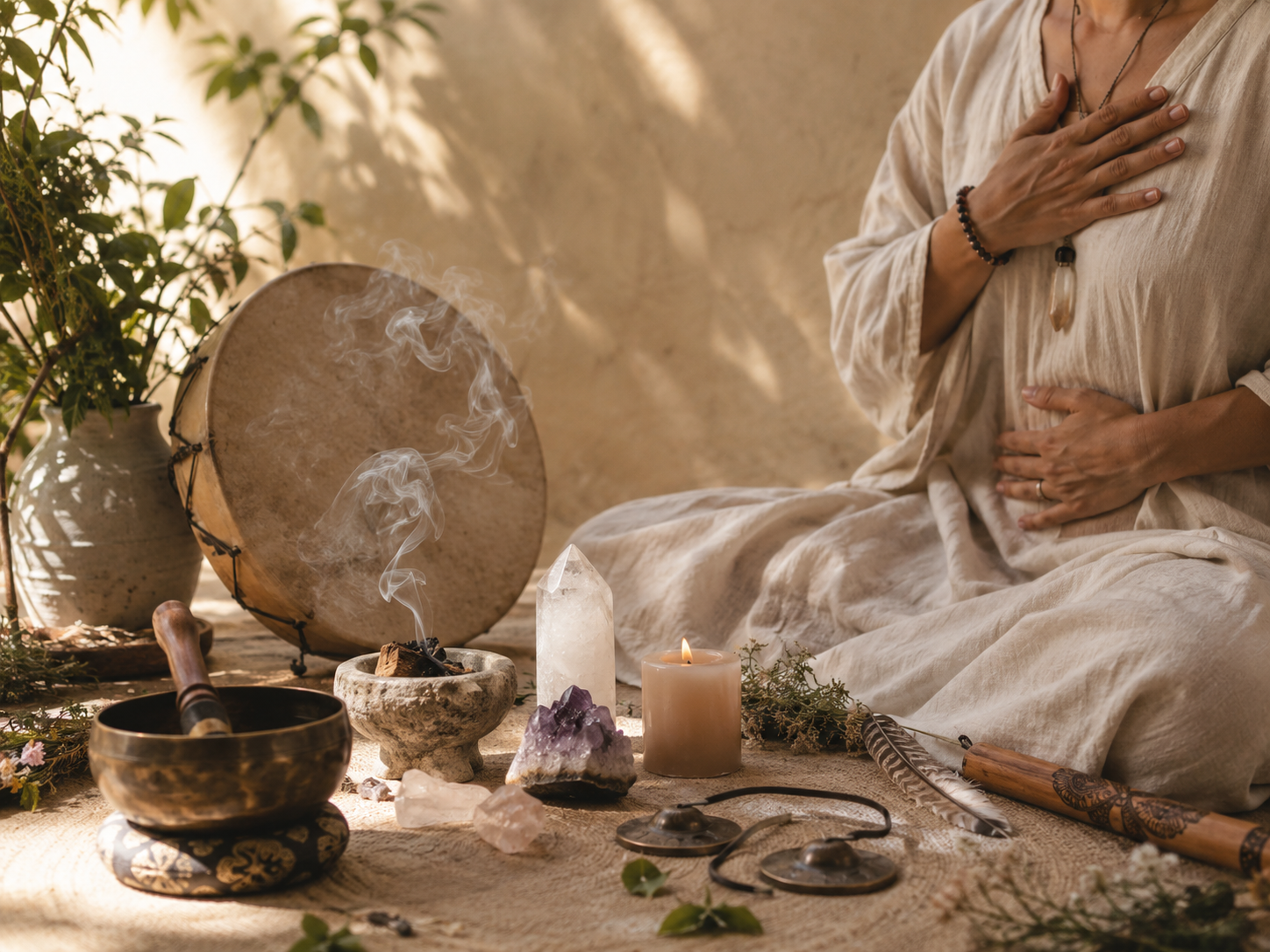 Meditation with singing bowl, crystals, and breath for energetic practice