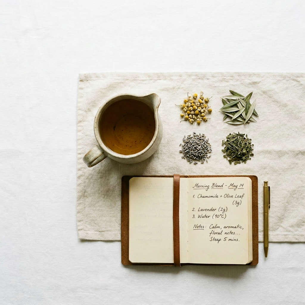 Open journal with herbal tea and botanicals for a guided tea ritual practice