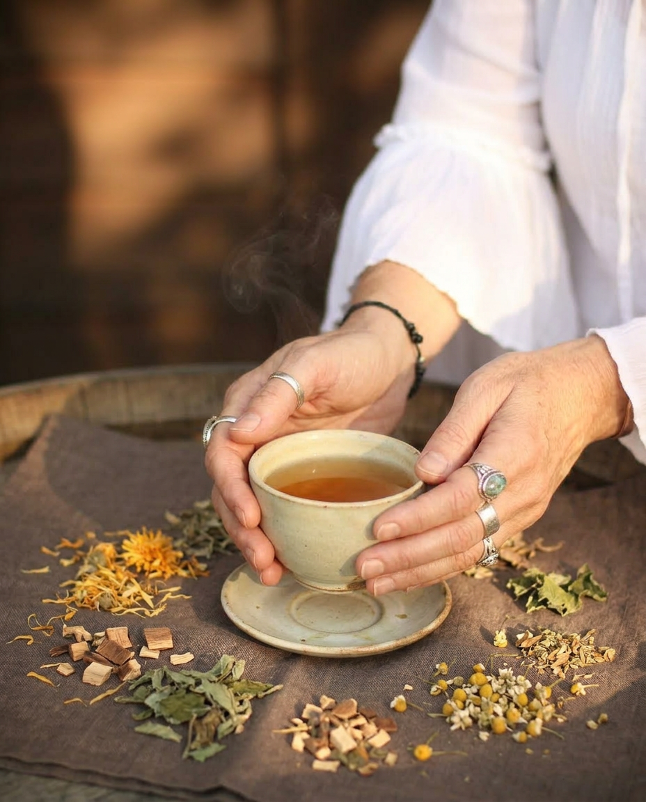 Holding a warm cup of herbal tea as part of a mindful daily ritual
