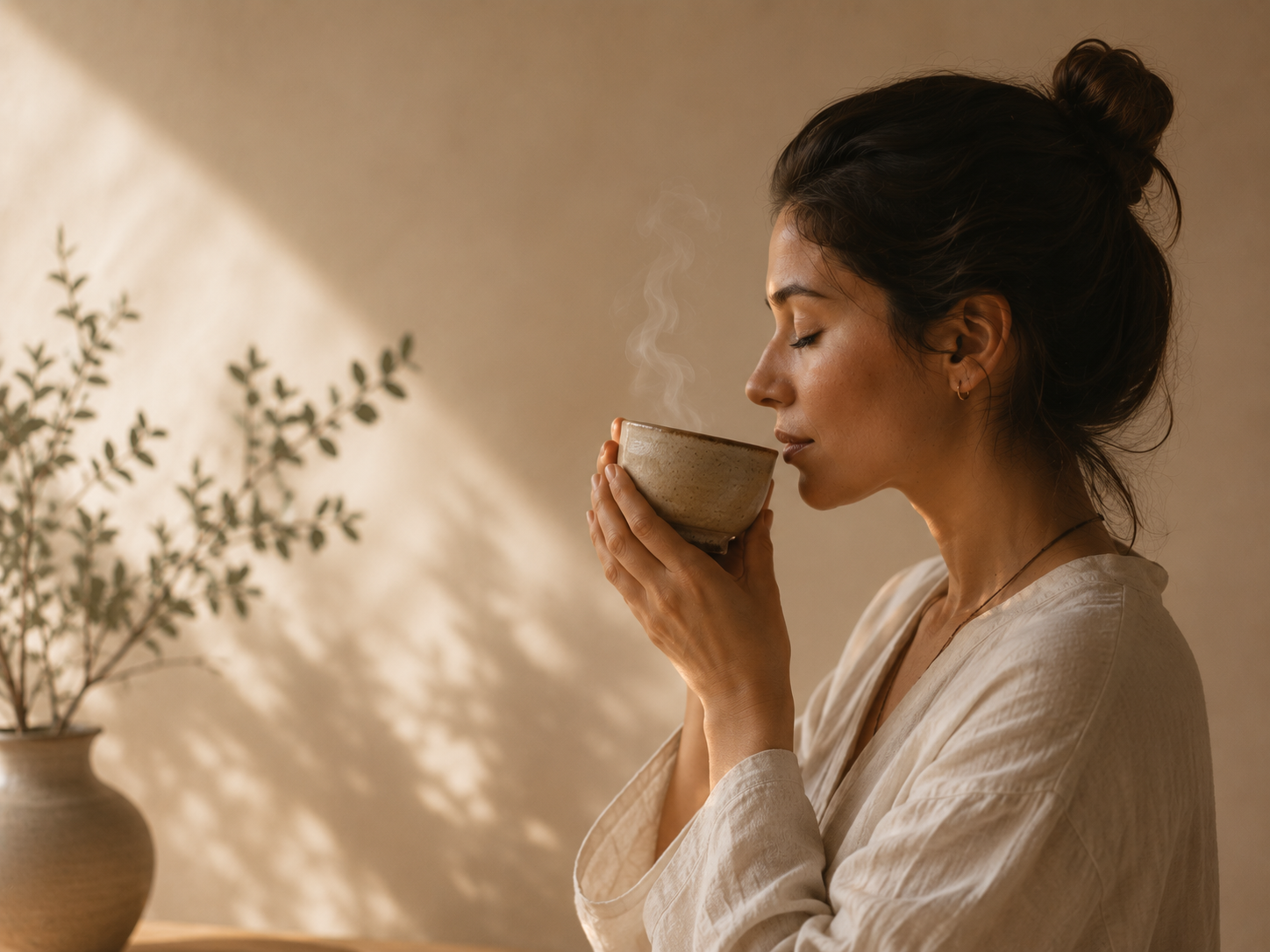 Woman sipping herbal tea in a calming ritual