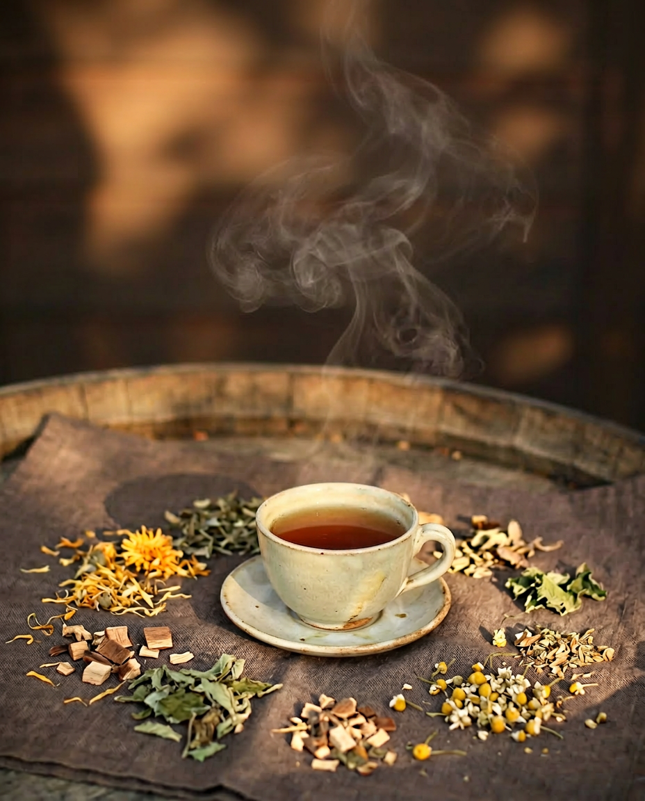 Steaming cup of herbal tea surrounded by botanicals for a calming tea ritual