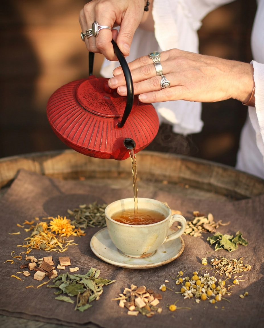 Pouring herbal tea into a cup for the Herbal Tea Ritual Guide