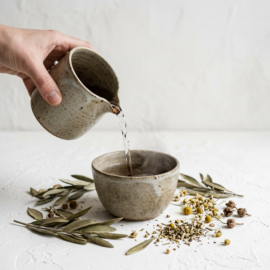 Pouring herbal tea as part of a daily ritual
