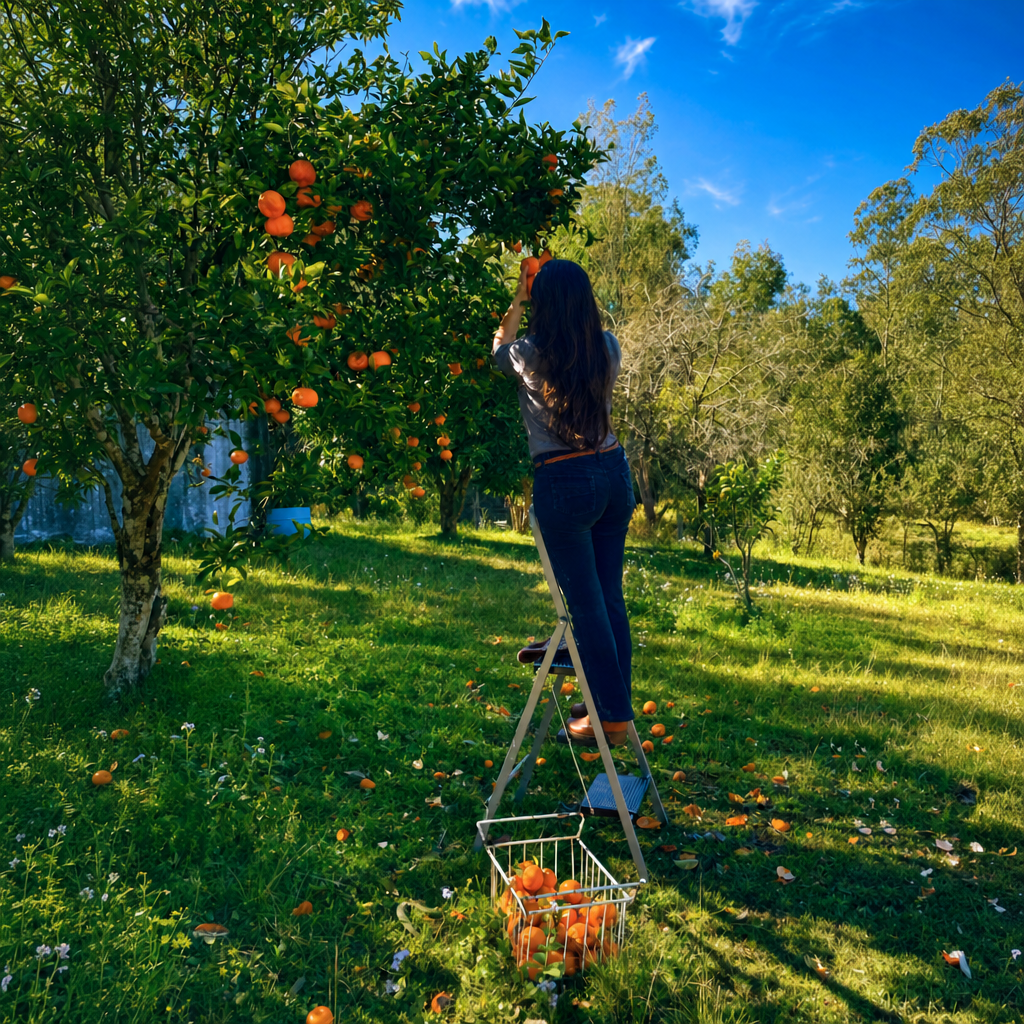 Fiona Dewis picking oranges in an orchard surrounded by nature