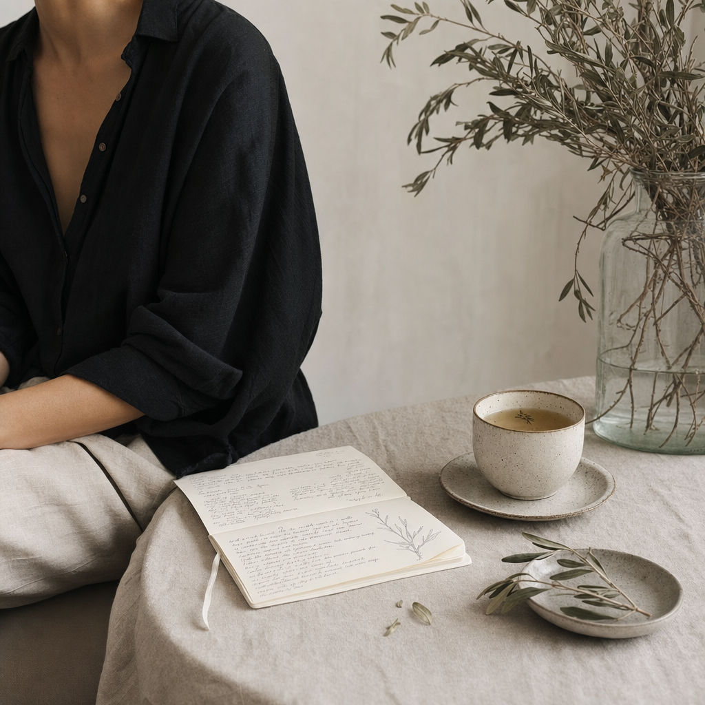 Quiet reflection and journaling after a botanical ritual with a cup of herbal tea