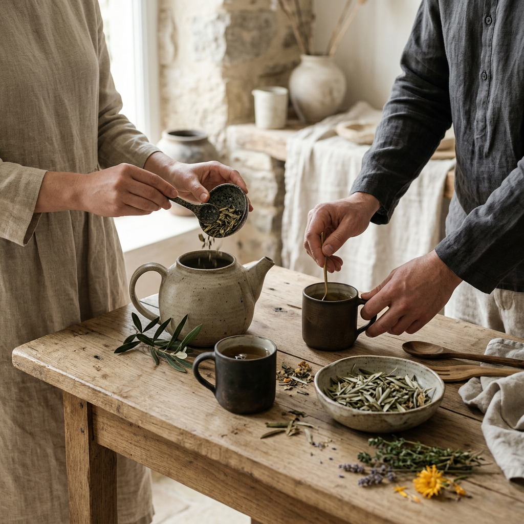 Guided botanical ritual workshop with participants preparing herbal tea together