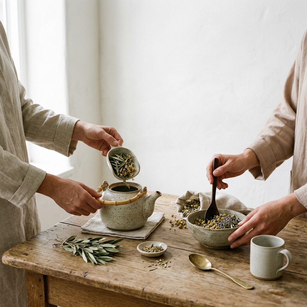 Preparing herbal tea together during a guided ritual