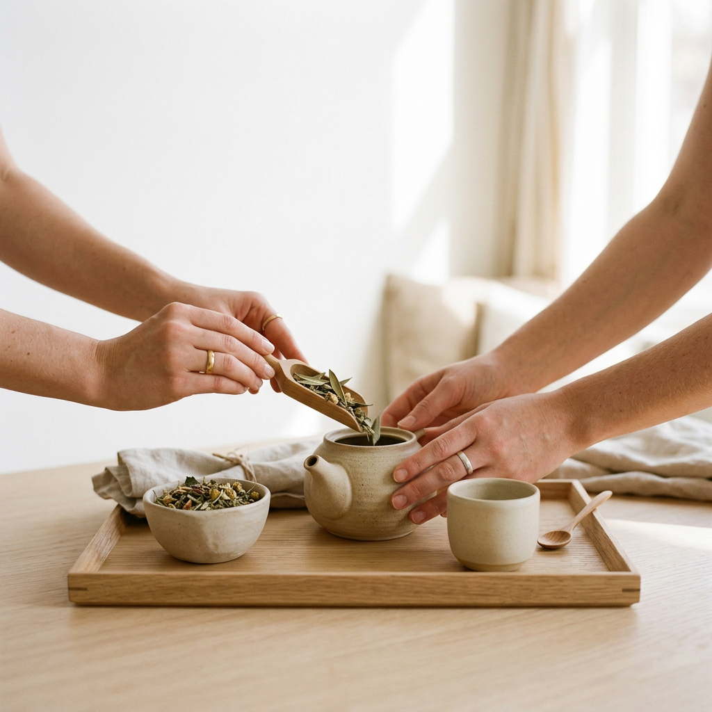 Preparing herbal tea together as part of a shared tea ritual experience