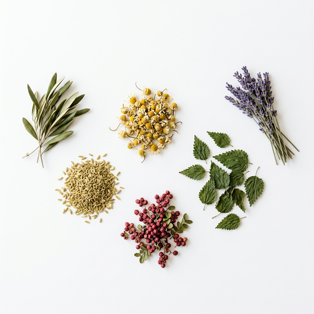 Selection of dried herbs and botanicals used for handcrafted herbal tea blends