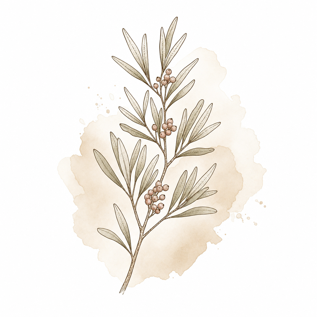 Andean molle botanical illustration for the Olive Leaf & Andean Molle Ritual Blend