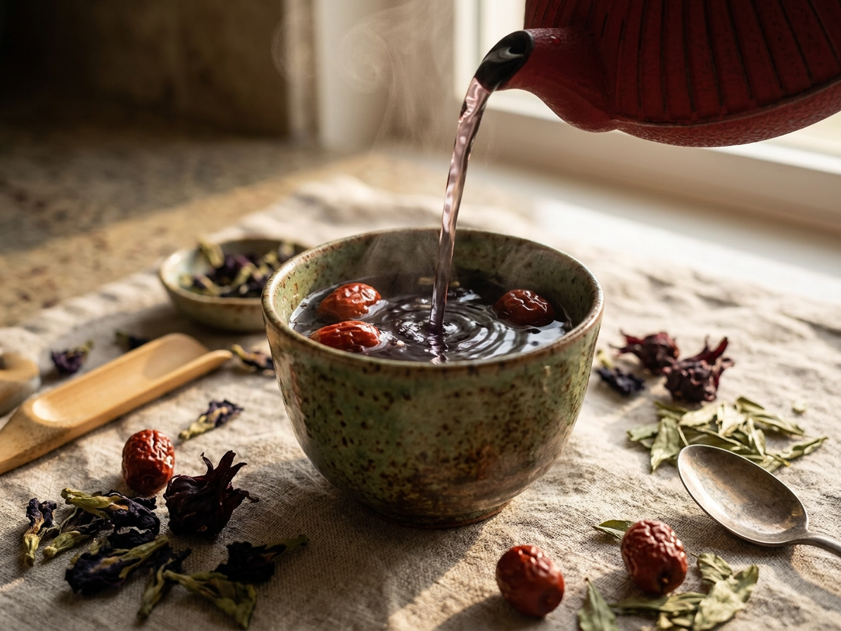 Pouring tea into a cup for ritual